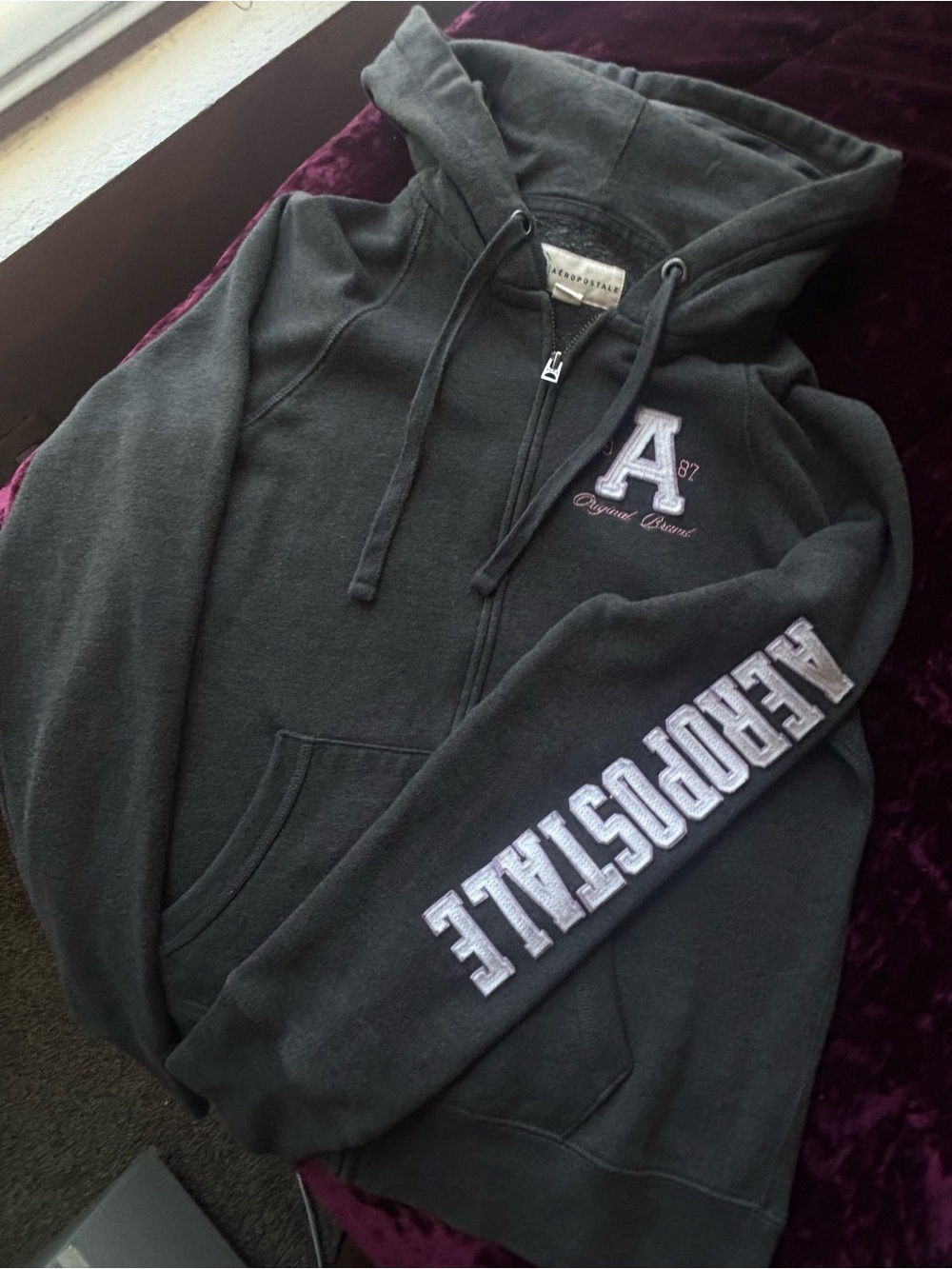 Aeropostale womans Dark Gray Zip-Up Hoodie with pink Sleeve Logo
